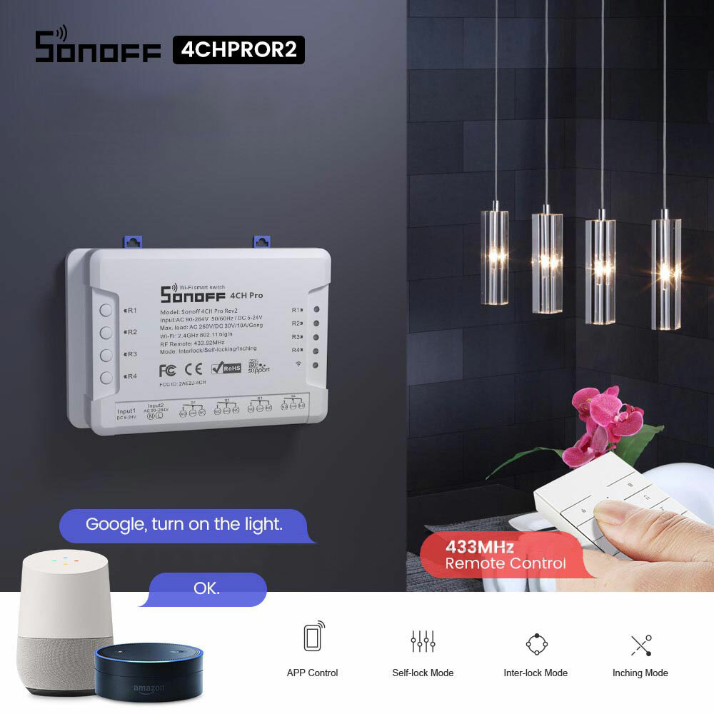 SONOFF® 4CH Pro R2 10A 2200W 2.4Ghz 433MHz RF Inching/Self-Locking/Interlock Smart Home...