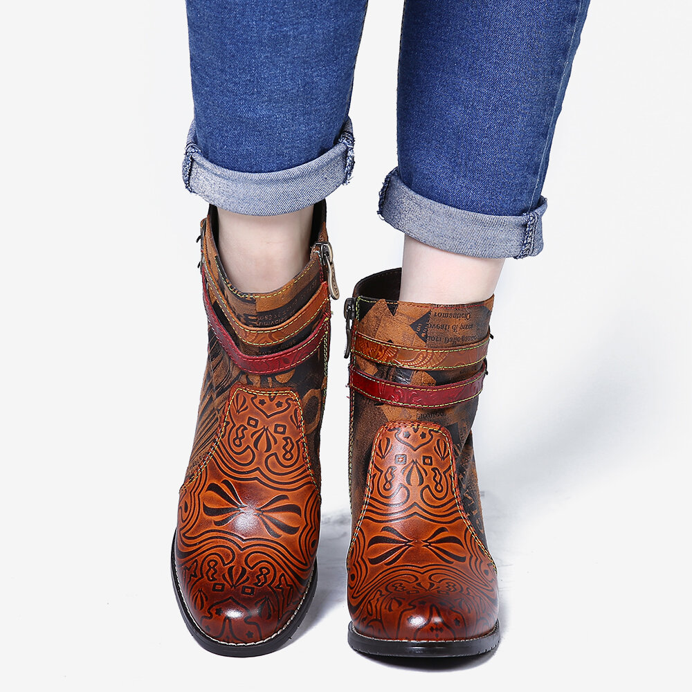 56% OFF on SOCOFY Pattern Brown Buckle Deco Stacked High Heel Round Toe Zipper Ankle Boots