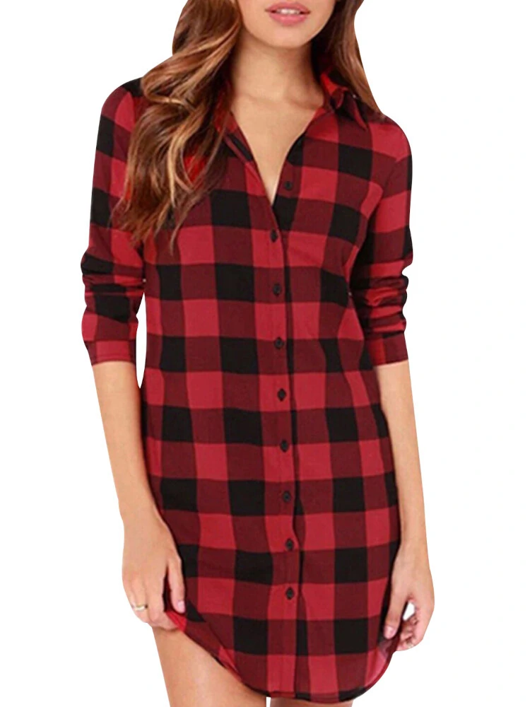 Women plaid casual loose fit simple long sleeve shirt