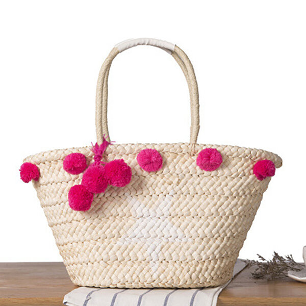 Women Woven Straw Beach Handbag Travel Plush Ball Bag