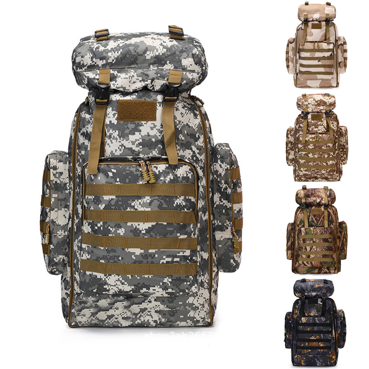 حقيبة ظهر تكتيكية عسكرية بطبعة الكامو MOLLE مقاومة للماء بسعة 80 لترًا للتخييم والسفر والمشي والتسلق في الهواء الطلق