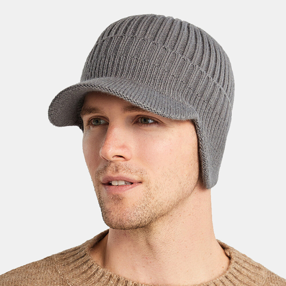 Men Baseball Cap Acrylic Knitted Thickened Jacquard Striped Ear Protection Warmth Hat