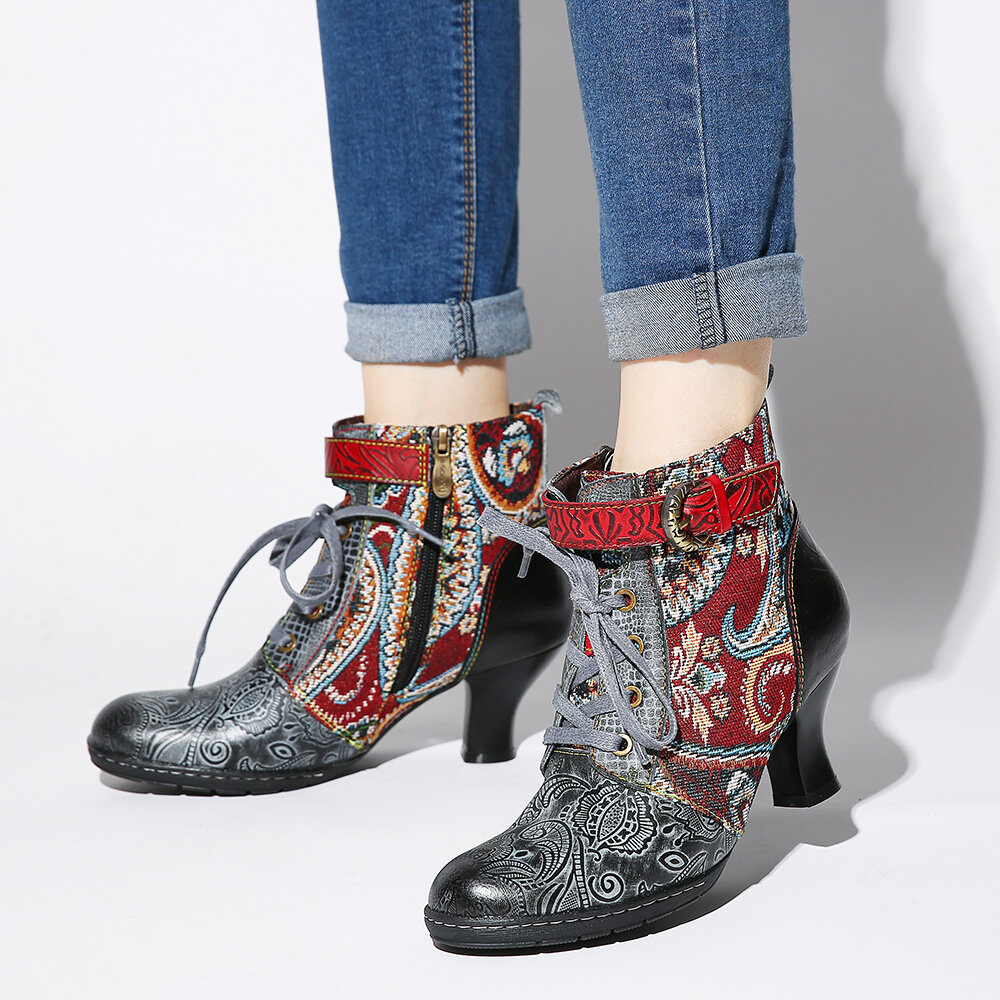 58% OFF on SOCOFY Embossed Splicing Tribal Pattern Buckle Deco Lace-up Zipper Warm Lined Ankle Boots