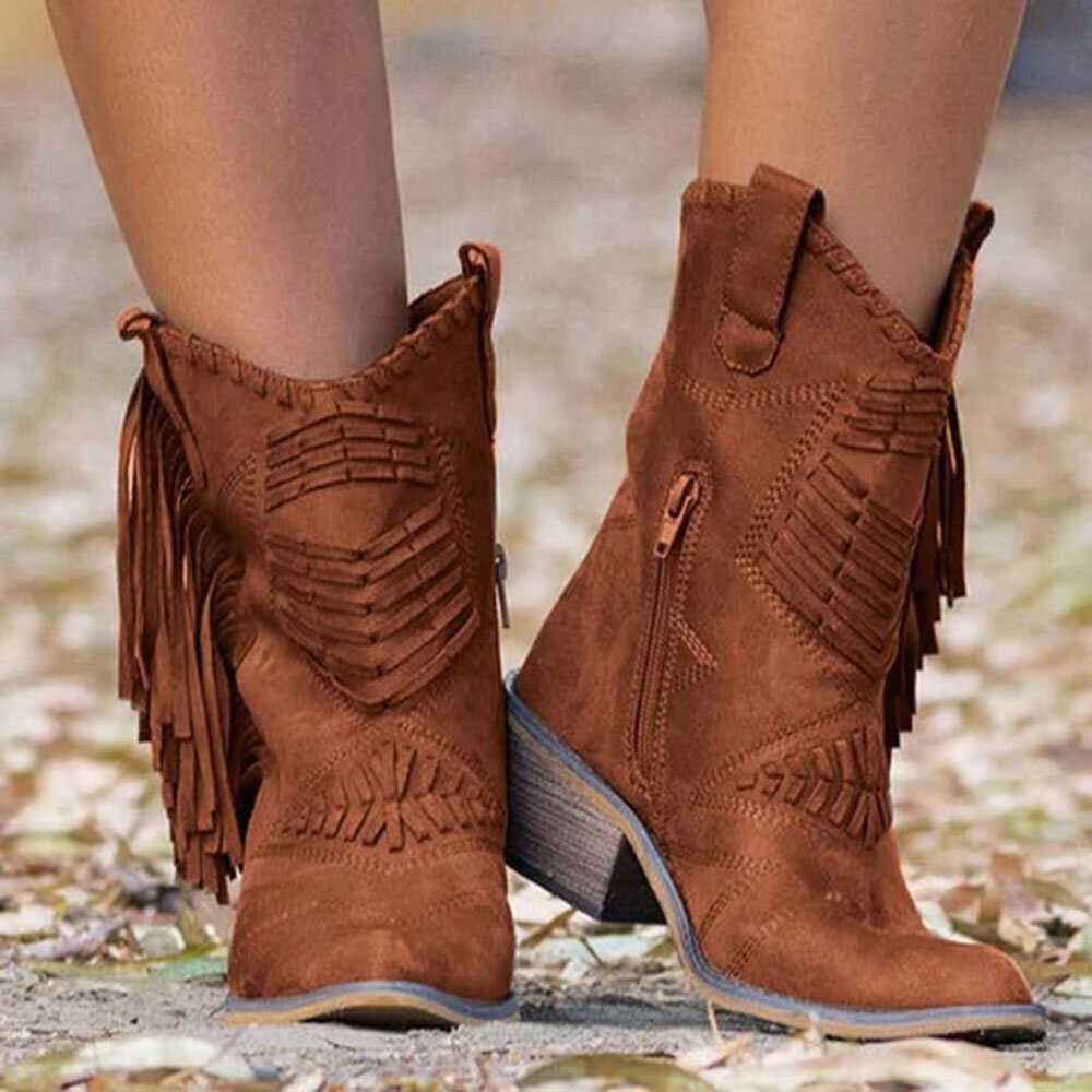 Plus Size Women Tassel Side Zipper Chunky Heel Mid-calf Cowboy Boots