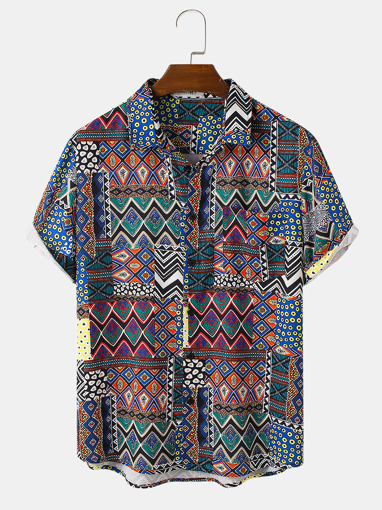 

Мужские рубашки с короткими рукавами и отворотом с геометрическим принтом в этническом стиле Винтаж