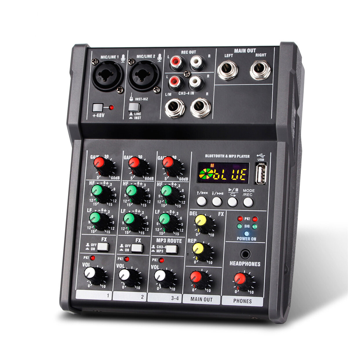 

4 Channel Audio Mixer bluetooth DJ Mic Mixer Control LED Digital Display Music Stream for Phone Headphone Microphone Lap