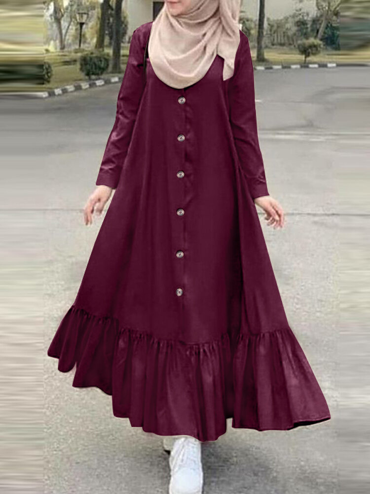 Women Solid Color Cotton Long Sleeve Ruffle Casual Loose Maxi Dress