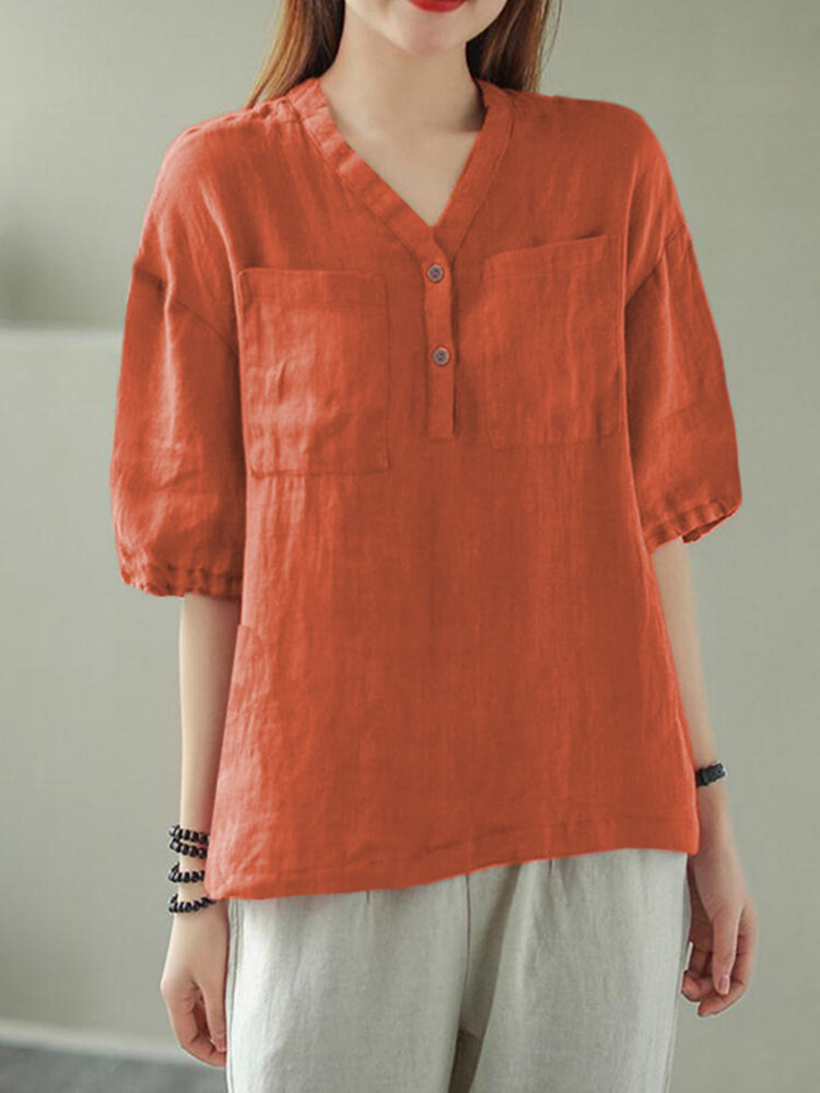 Solid Button Pocket V Neck Half Sleeve Casual Cotton Blouse