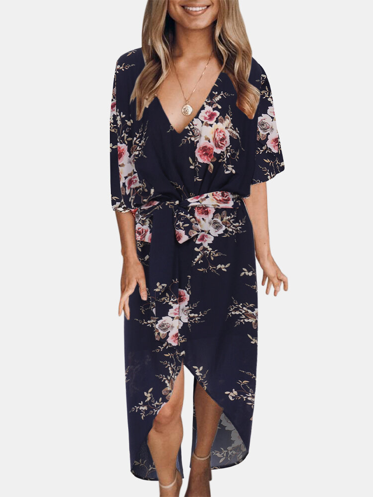 Flower Print Belt High-low Half Sleeve V-neck Maxi Dress