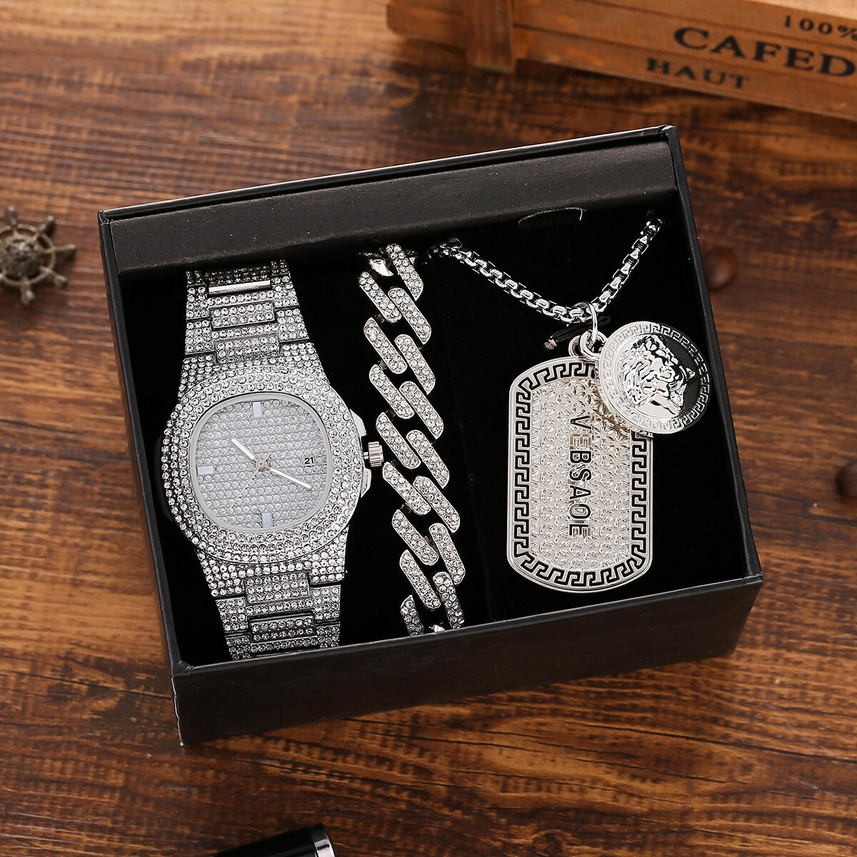 3-delige herenhorloge set ingelegd diamanten stalen band quartz horloge ketting armband sieraden ges