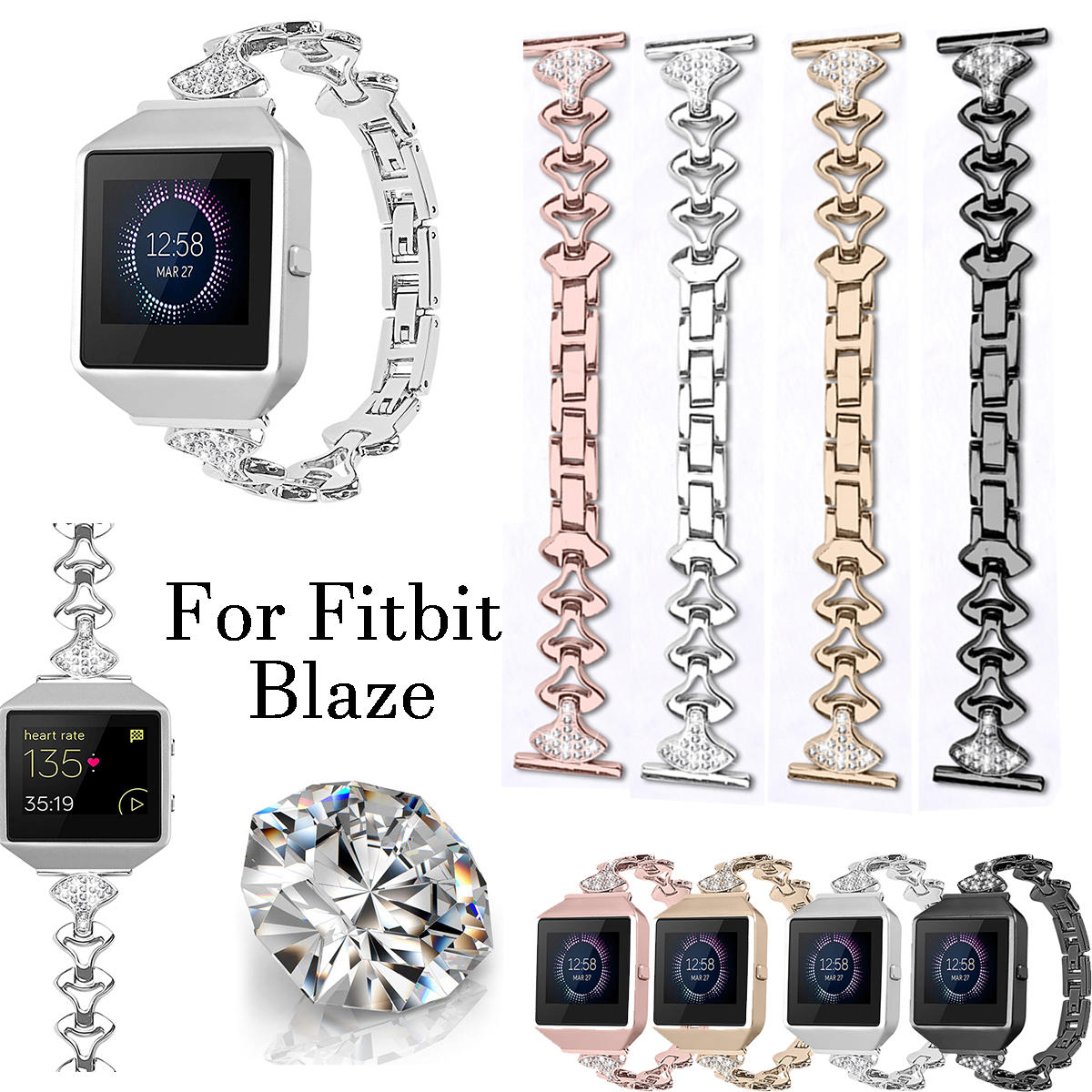 Bakeey Modieus vervangende roestvrijstalen kristallen ketting horlogeband voor Fitbit Smart Watch