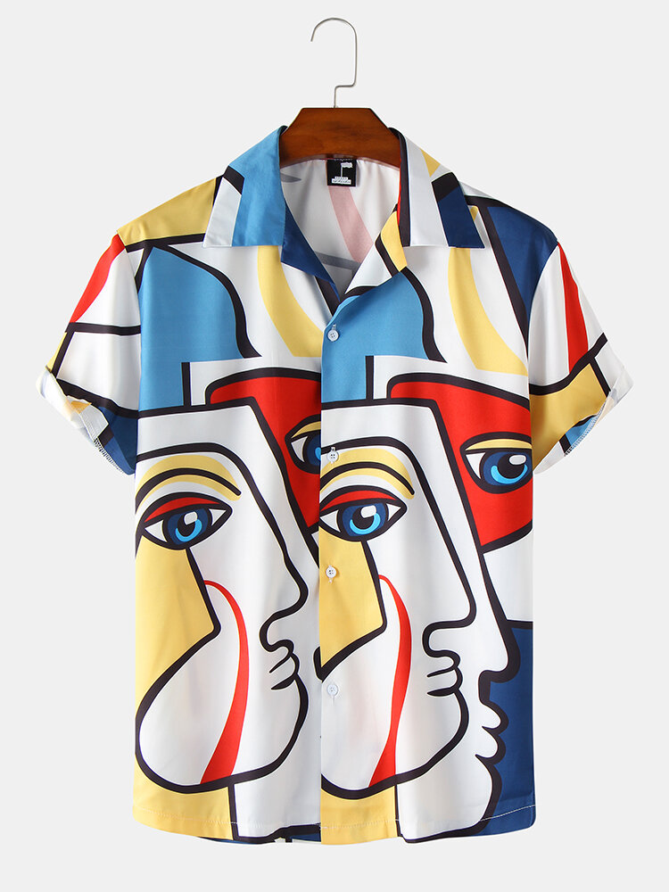 Heren grappig Colorful Revere Street-shirts met abstract gezicht bedrukt