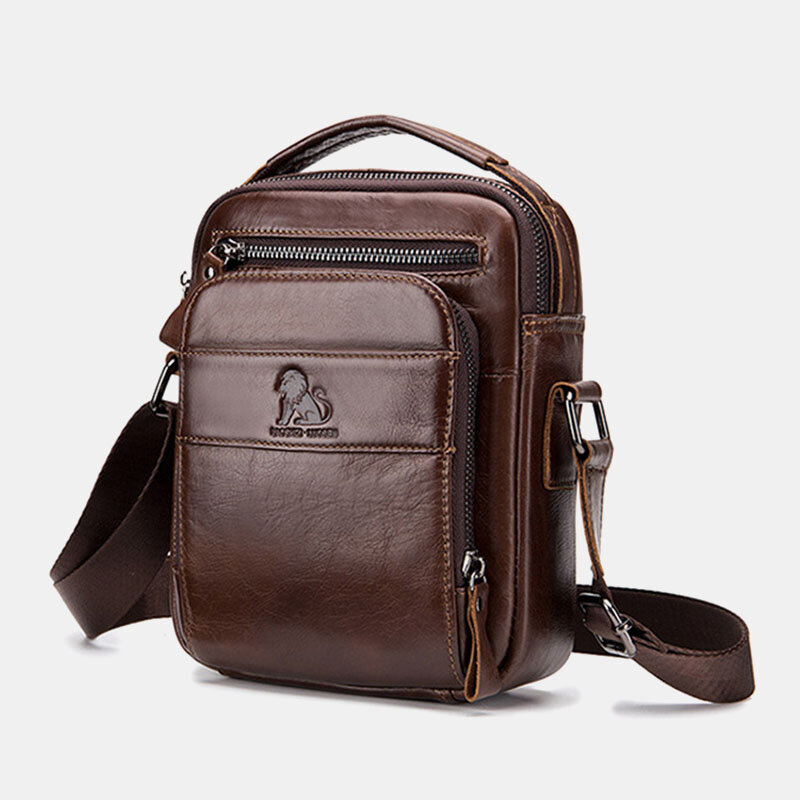 Men Genuine Leather Retro Business Casual Solid Color Leather Cowhide Shoulder Bag Crossbody Bag