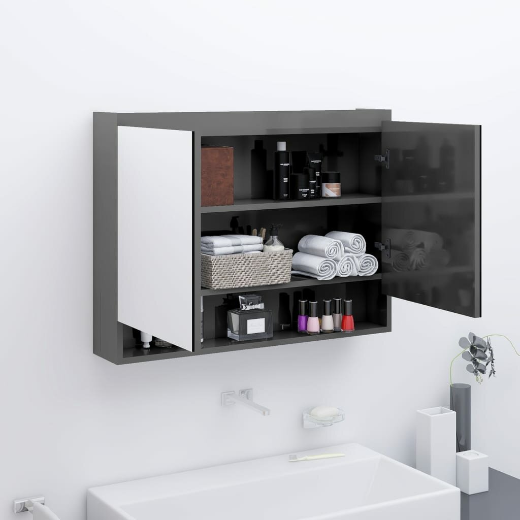 Badkamermeubel met spiegel 80x15x60 cm MDF glanzend grijs