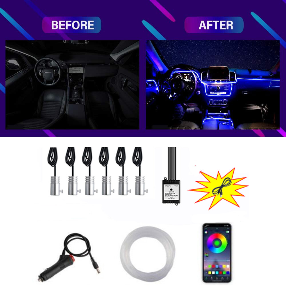 

6IN1 8M RGB LED Atmosphere Car Interior Ambient Light Fiber Optic Strips Light by App Control Neon LED Auto Decorative L