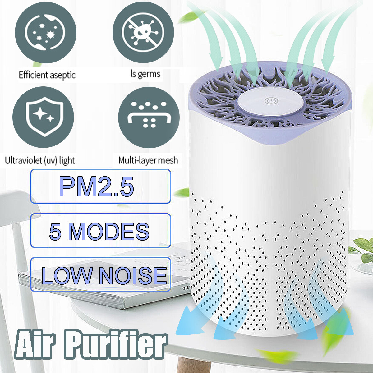 

Мини UV Стерилизация Воздухоочиститель Зарядка через USB Низкий уровень шума Удаление формальдегида PM2.5 для домашнего