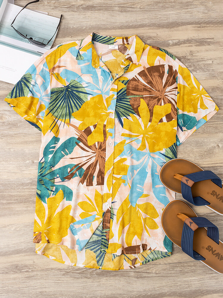 Image of Mnner Color Block Leaves Print Umdrehen Kragen Hawaii Beach Casual Kurzarm Shirts
