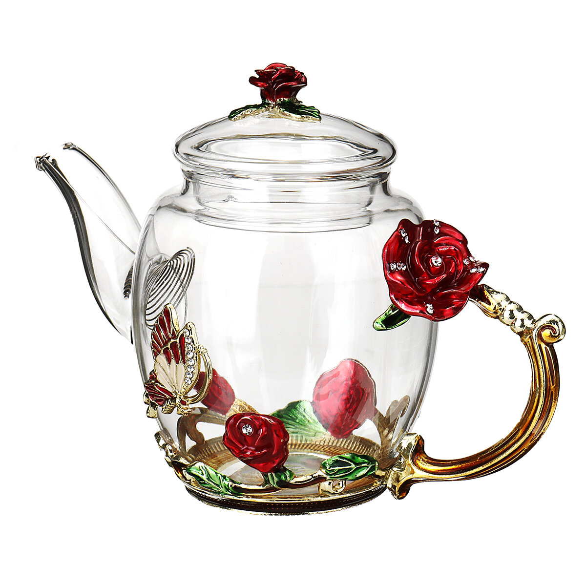 7Pcs Tea Set Wedding Enamel Glass Flower Heat Resistant Coffee Pot Cups Party