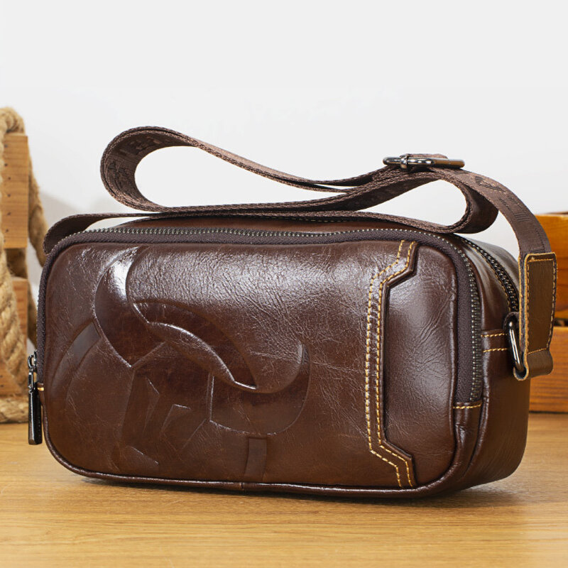 Men Cowhide Multifunctional Large Capacity Front Zipper Pocket Crossbody Bags Shoulder Bag Messenger