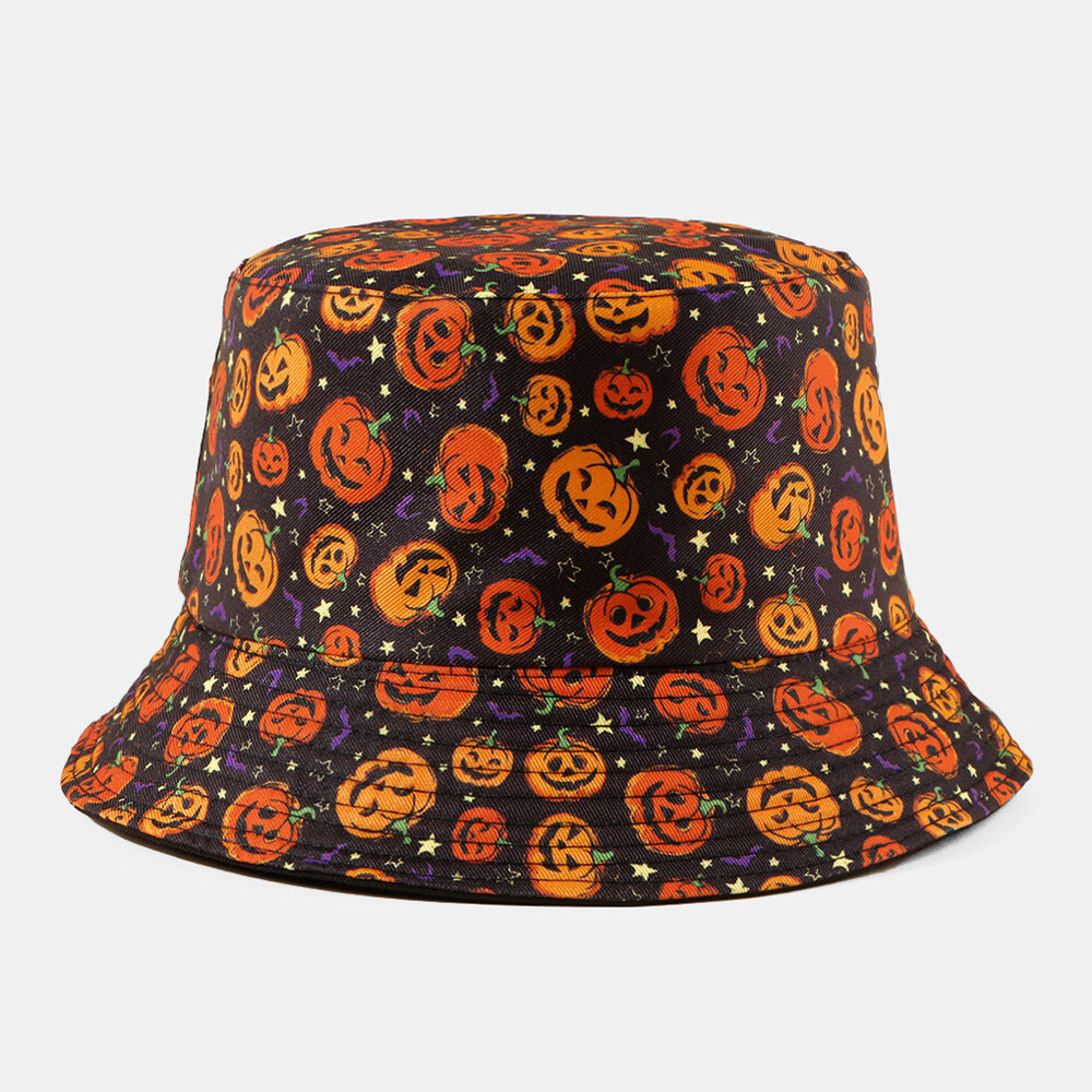 Unisex Pumpkin Ghost Skull Pattern Halloween Bucket Hat Casual Funny Foldable Sunshade Hat