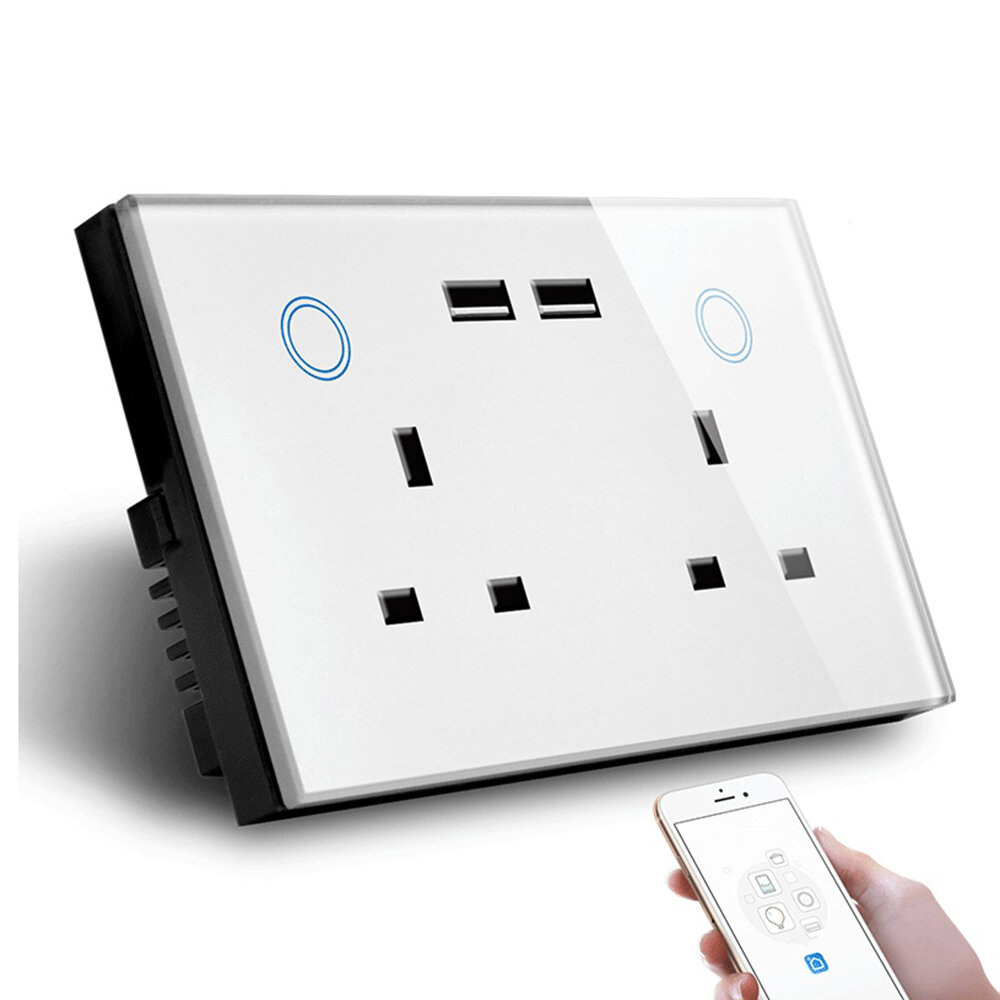 MAKEGOOD 2 Gang WIFI Smart USB Wall Socket UK Electrical Plug Outlet 15A Power Touch Switch Wireless