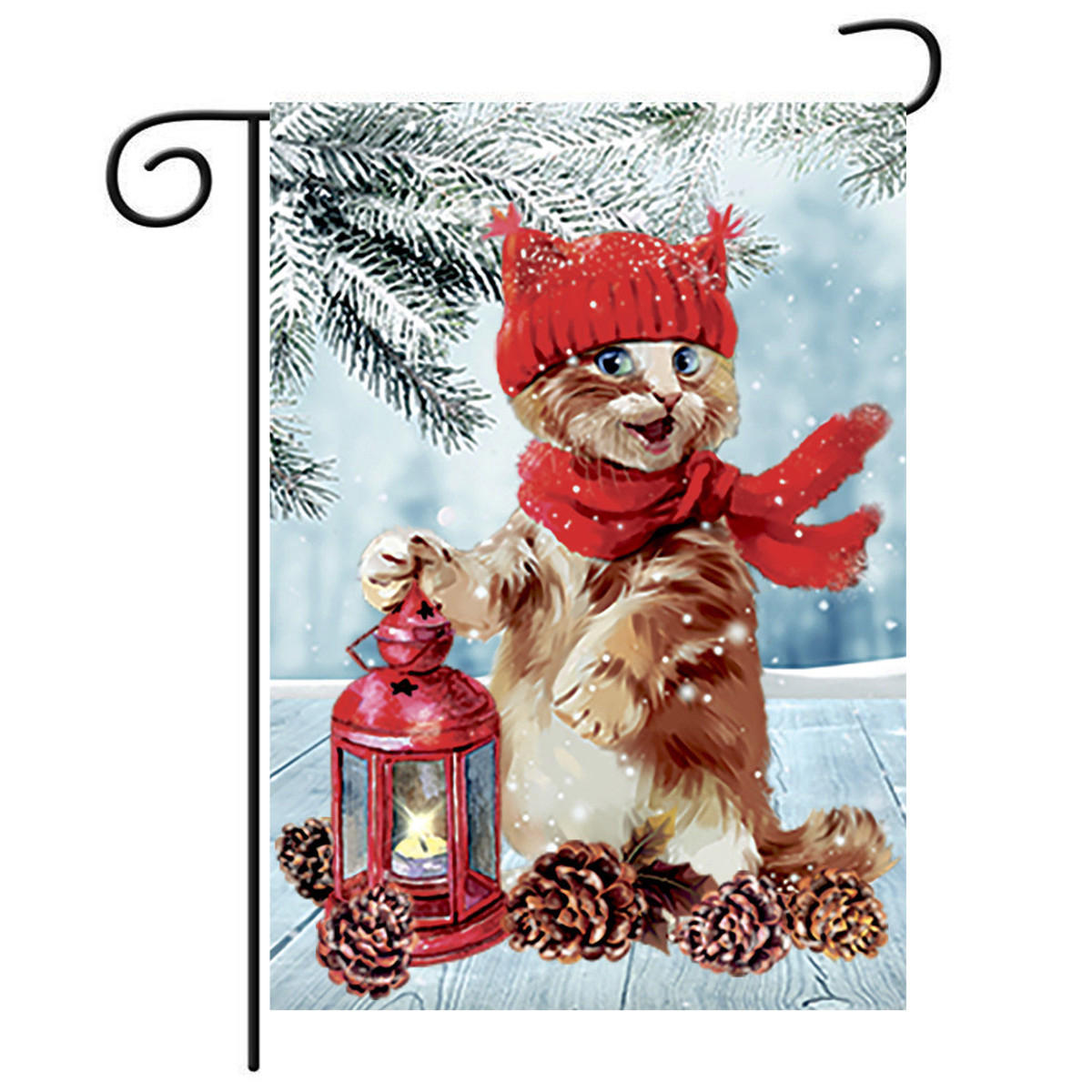 Christmas Decorations Garden Flag Winter Lantern Red Scarf Cat Double Sided Yard Banner
