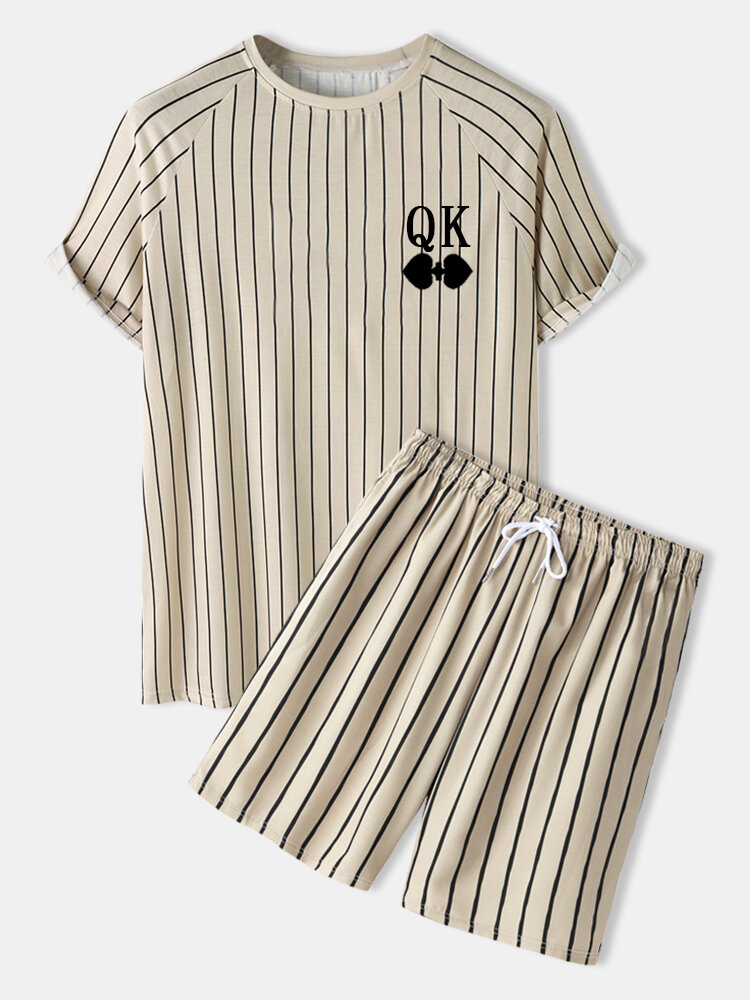 

Mens Poker Pattern Striped Print Raglan Sleeve Casual Shirts Shorts