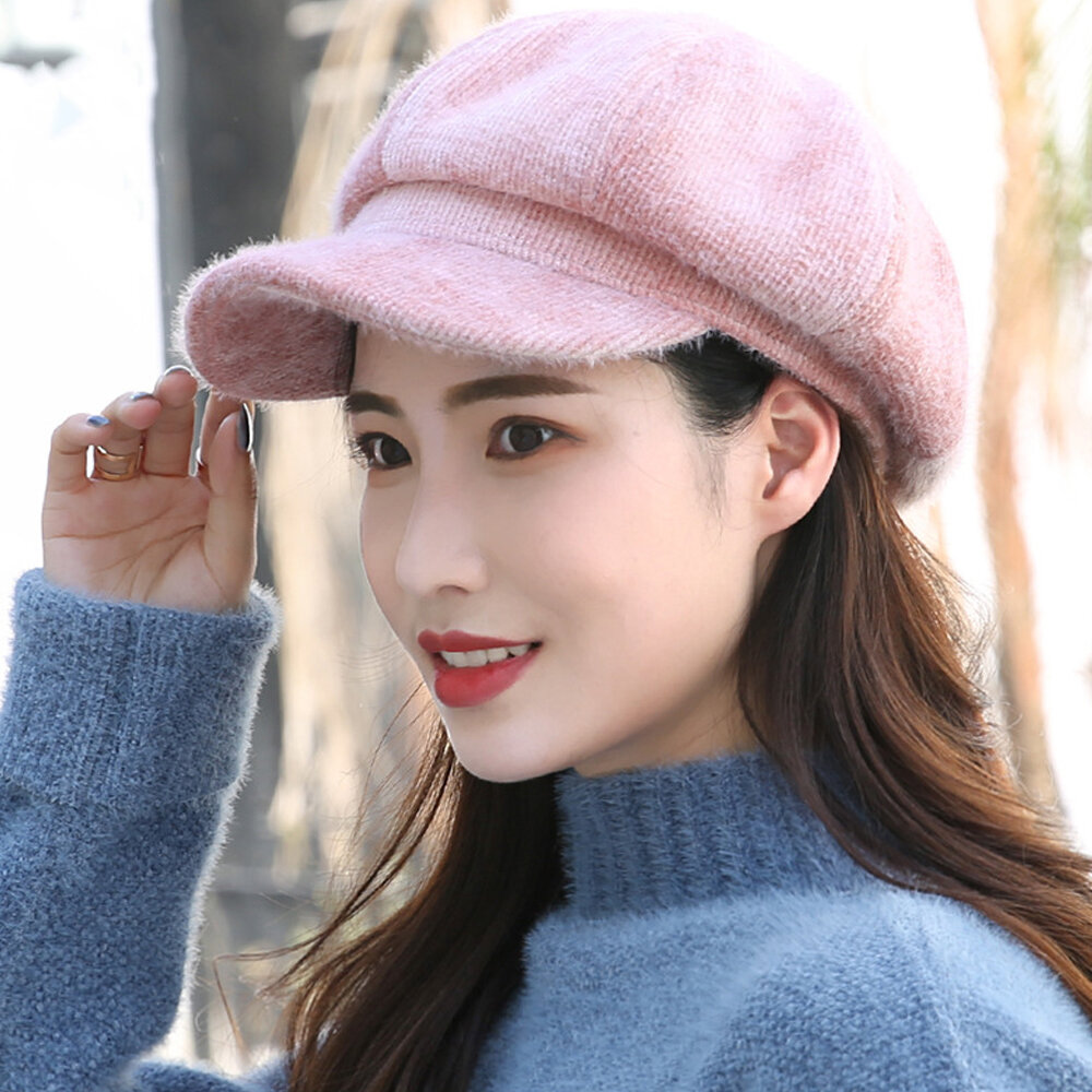 Women Wool Casual Universal Keep Warm Curved Brim Octagonal hat Beret Hat Knitted Hat