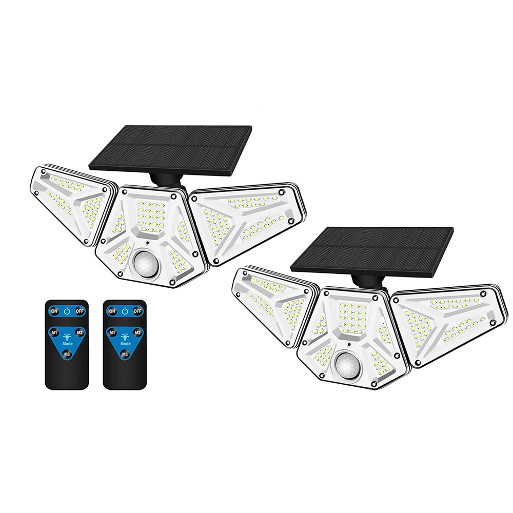 

2PCS 113LED Solar Flood Lights Outdoor with Two Remote Control 3 Heads 270° Lighting Waterproof PIR Sensor Motion Lights