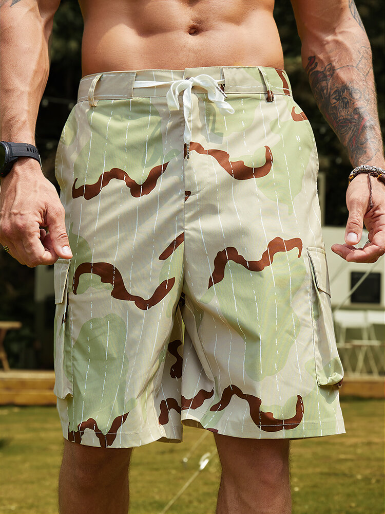 Men Print Multi Pocket Drawstring Mid Length Belted Overalls Shorts