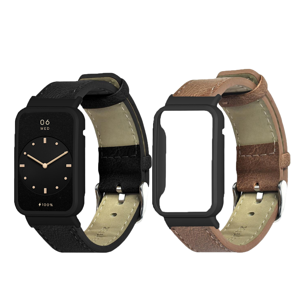 Retro Genuine Leather Replacement Strap Smart Watch Band Watch Case Cover for Xiaomi Mi Band 7 Pro