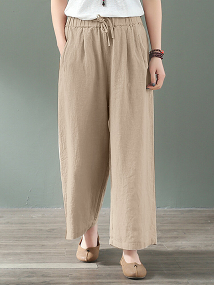 Women 100% Cotton Side Pockets Solid Color Elastic Waist Ankle Length Casual Pants
