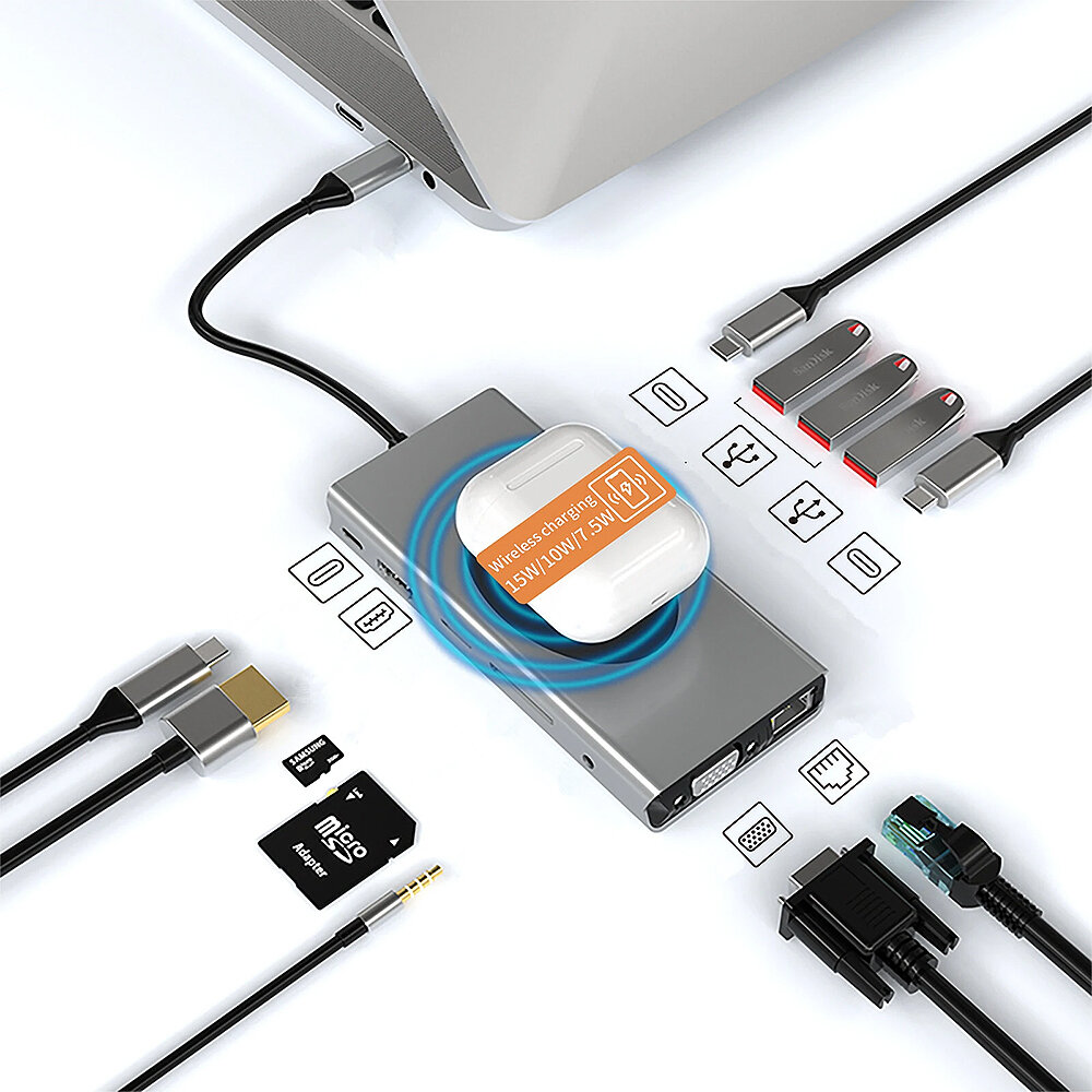 

Basix 13-in-1 Type-C Docking Station USB-C Hub Splitter Adaptor with USB2.0 USB3.0 USB-C 2.0 3.0 100W Type-C PD 4K HDMI