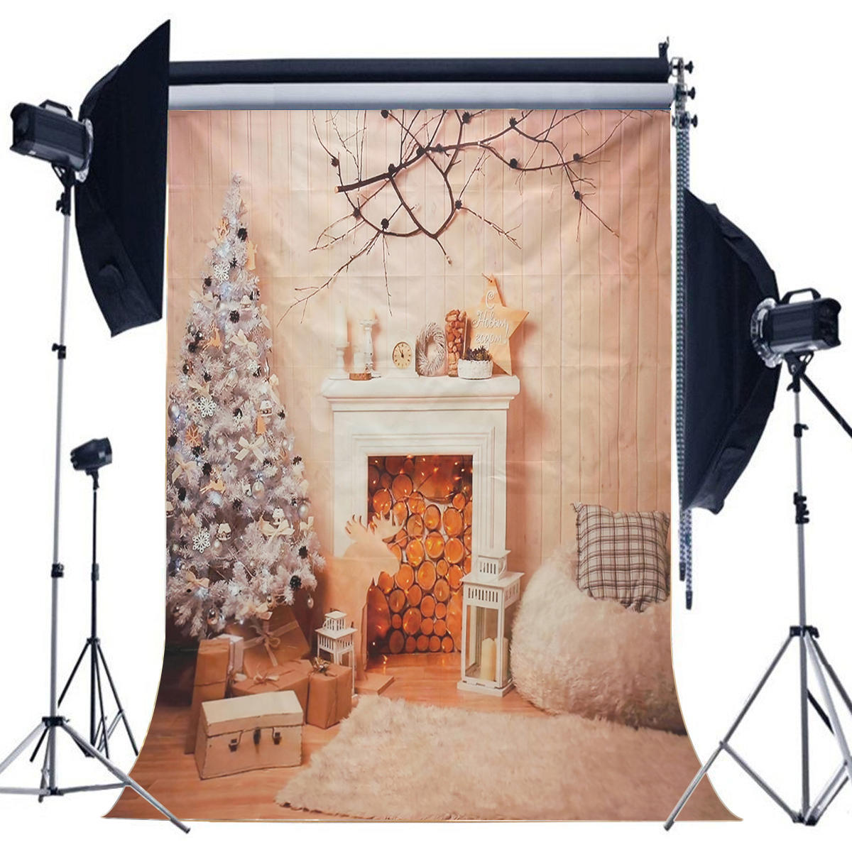 5x7ft Christmas Fireplace Christmas Tree Branch Wood Blanket Photography Backdrop Studio Prop Backgr
