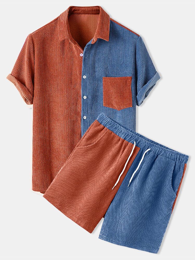 

Mens Light Corduroy Patchwork Patch Pocket Elastic Waist Breathable Shirt & Shorts