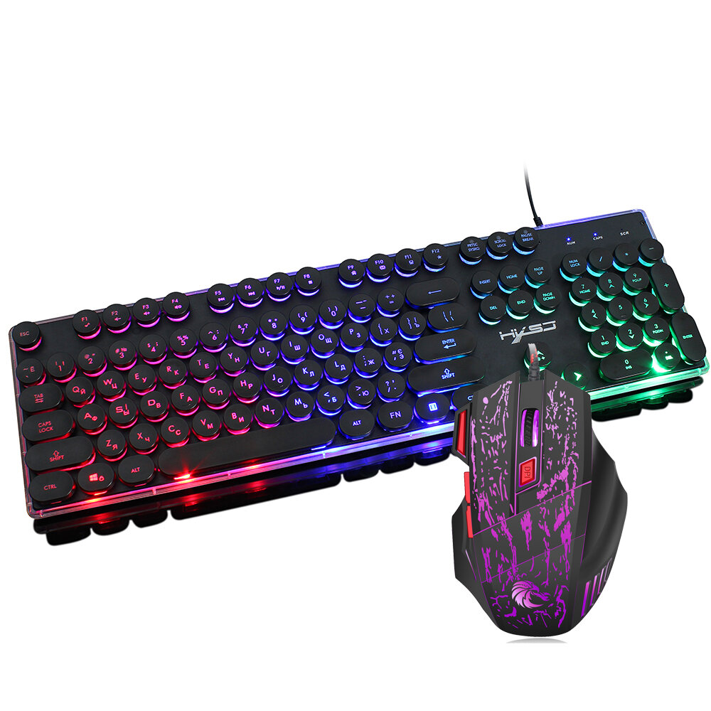 HXSJ J40 Russisch bedraad gamingtoetsenbord en muisset 104 toetsen Rainbow Backlit Punk Keycaps Mech