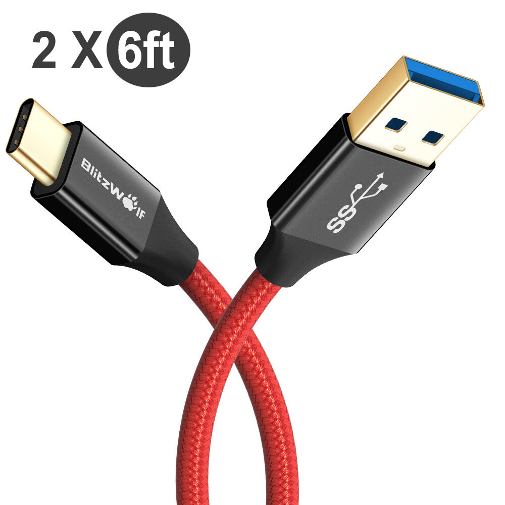 

[2 Pack] BlitzWolf® AmpCore Turbo BW-TC10 3A 6ft/1.8m USB Type-C Fast Charging Cable USB 3.0 5Gbps Data Transmission Cor