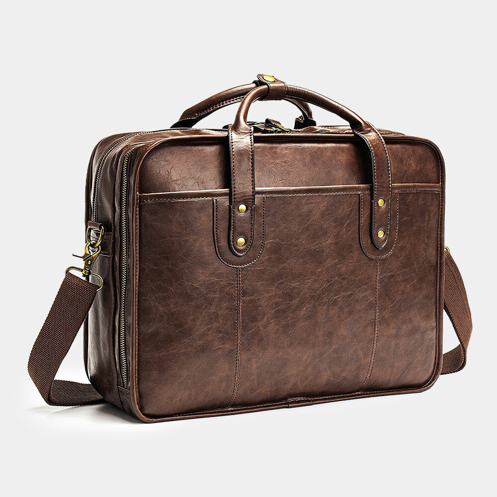 

Ekphero Men Multifunction Double Layer 15.6 Inch Laptop Bag Briefcase Vintage Multi-pocket PU Business Handbag Teacher B
