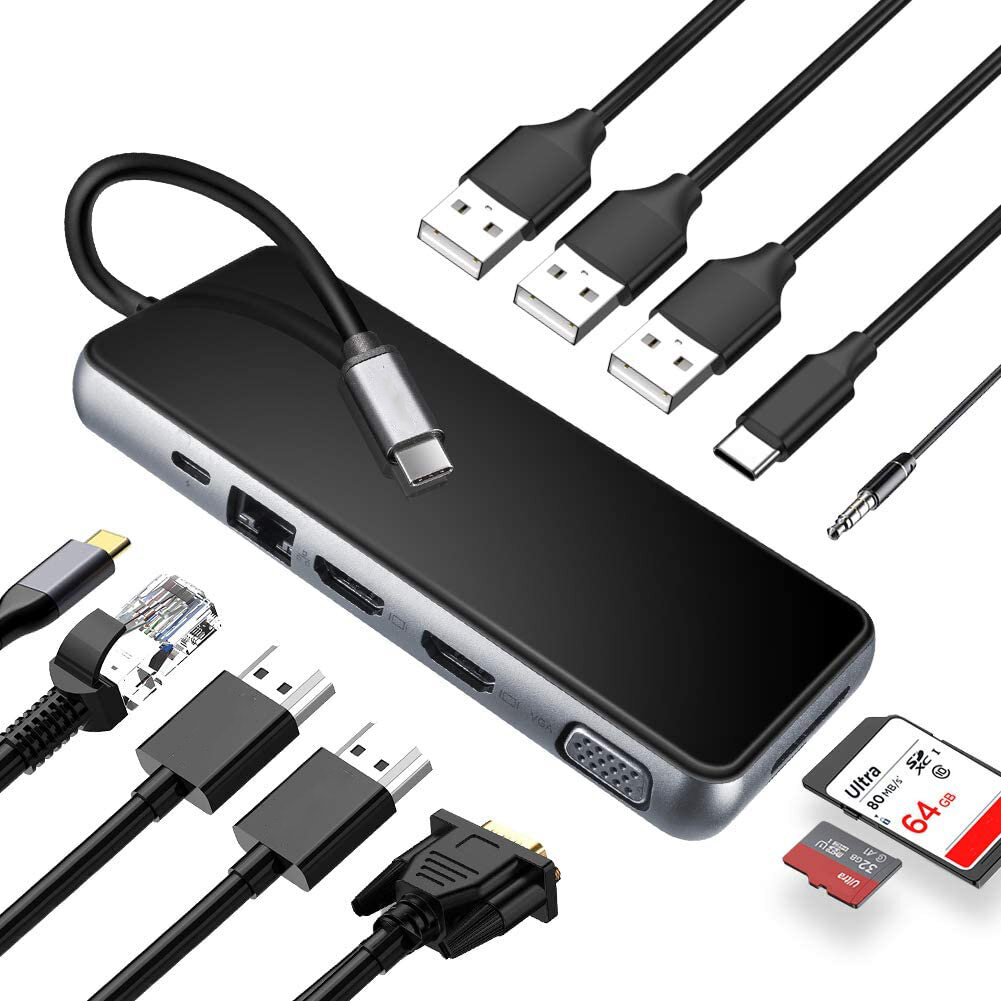 

MST 12-in-1 Triple Display USB-C Hub Docking Station Adapter With Dual 4K HDMI HD Display / 1080P VGA / 87W USB-C PD3.0