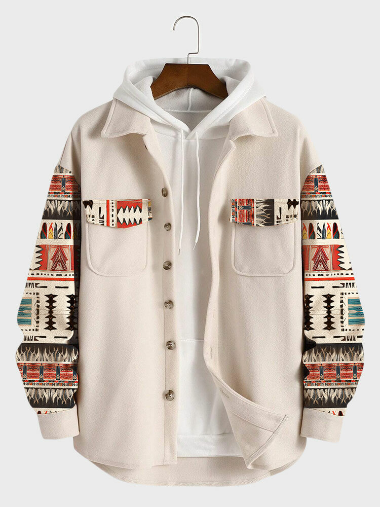 

Mens Ethnic Tribal Pattern Patchwork Flap Pocket Tweed Jacket