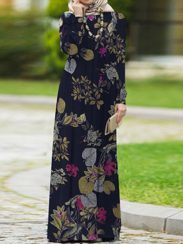 Dames 100% katoenen bladerdeeg mouw Abaya Kaftan gelaagde vrijetijds bloemen retro jurk