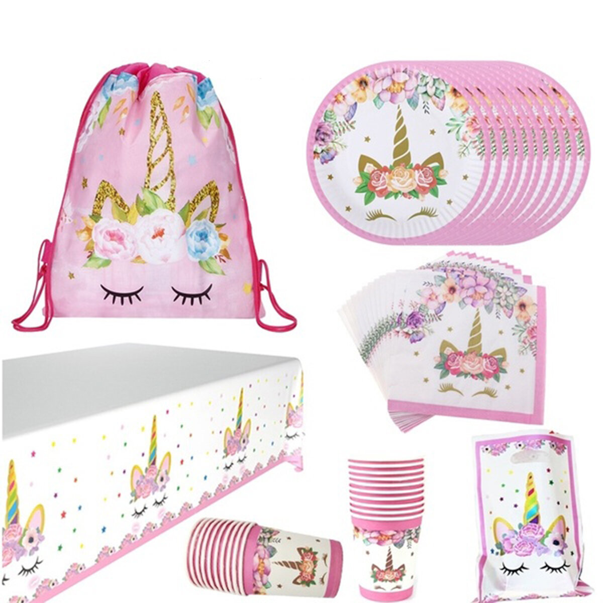 

72Pcs Party Supplies Set Pink Unicorn ThemeTablecloth Paper Cups Napkin Banner Gift Bag Party Supplies Birthday Set Sh