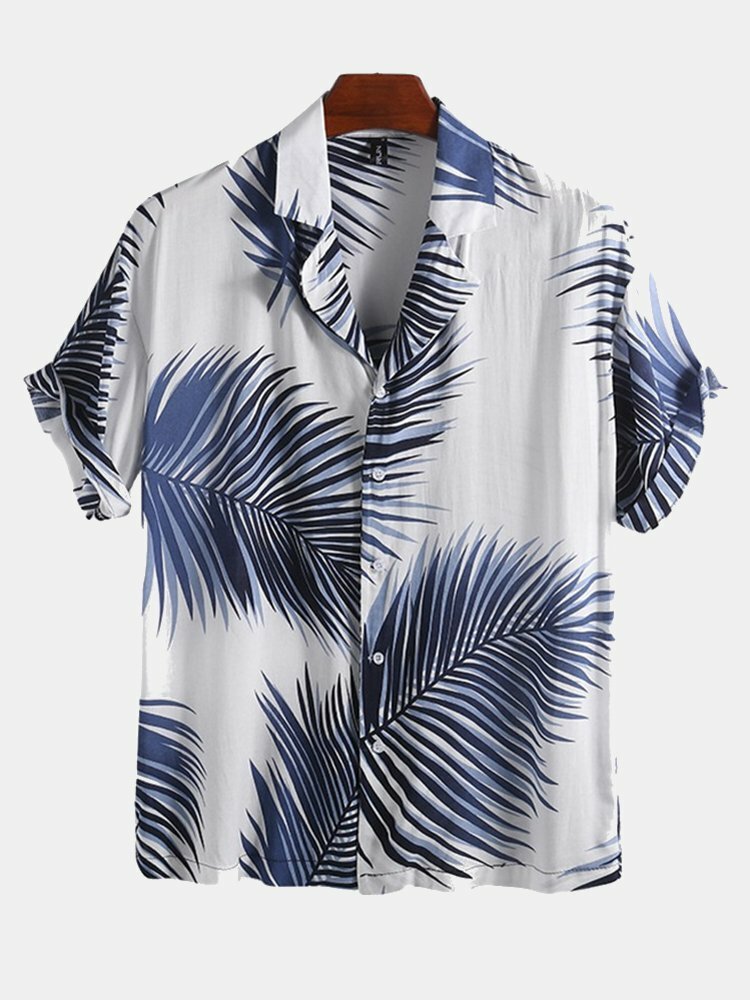 

Mens Palm Leaf Printed Summer Casual Vacation Hawaiian Shirts