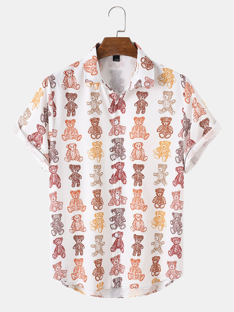 Heren cartoon teddybeer print revers shirt met korte mouwen