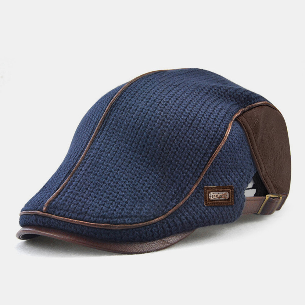

Banggood Design Men Knit Leather Patchwork Color Casual Personality Forward Hat Beret Hat