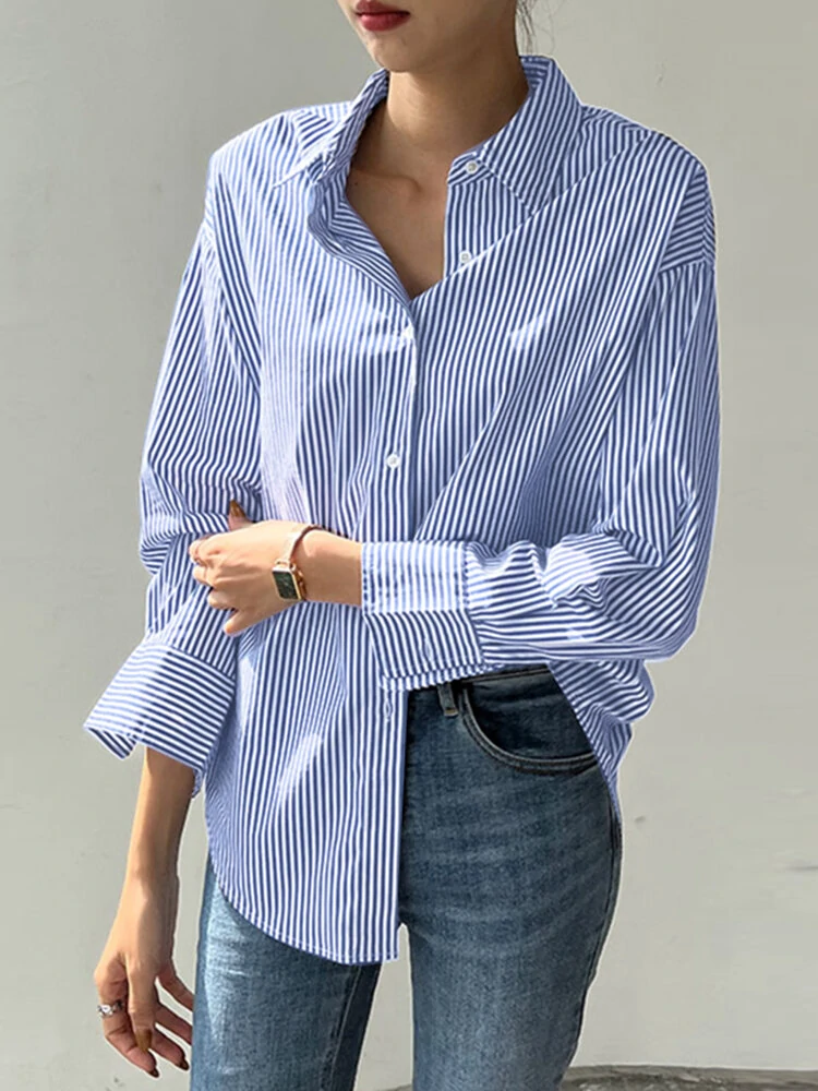 Stripe print long sleeve button front lapel shirt