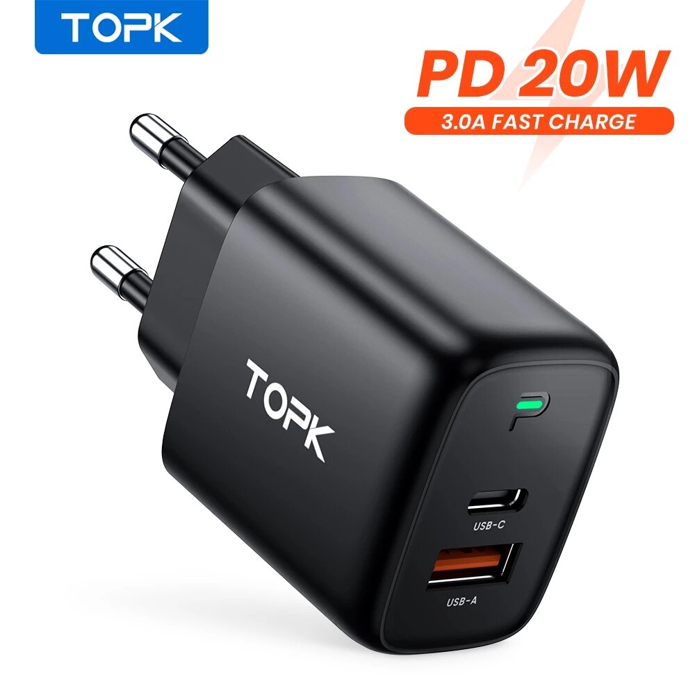 TOPK?B15-B2?2-poorts?20W?USB?PD-oplader 20W USB-C PD3.0 18W QC3.0 Snel opladen Wall Charger Adapter 