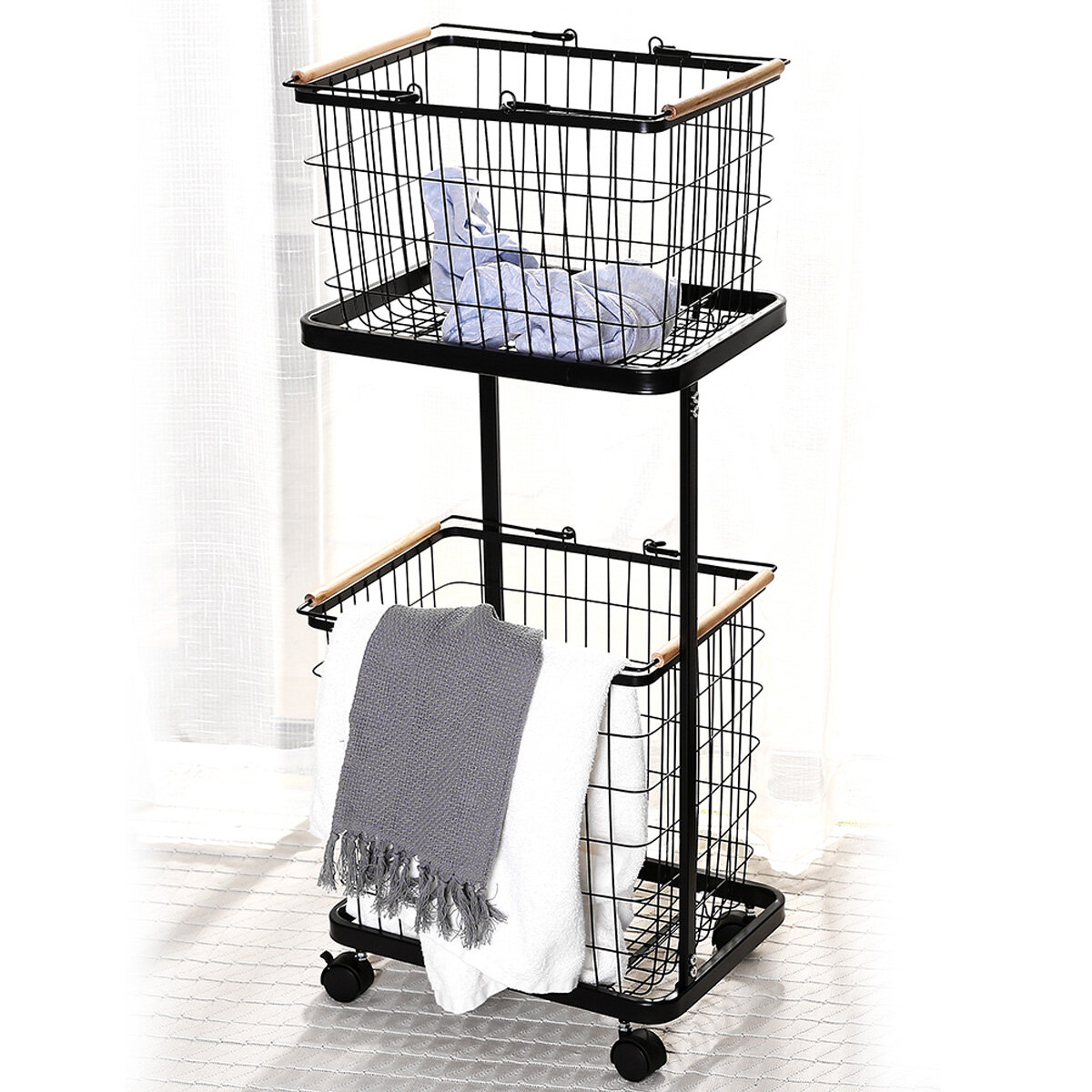 2 Tiers Laundry Basket Cart Household Clothes Storage Organizer Movable Layered Rack Storage Shelf