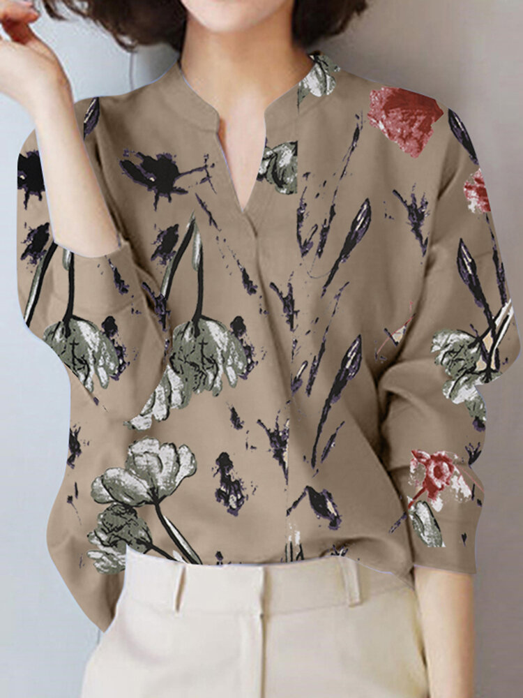 

Блуза с длинными рукавами и воротником-стойкой с принтом растений Женское