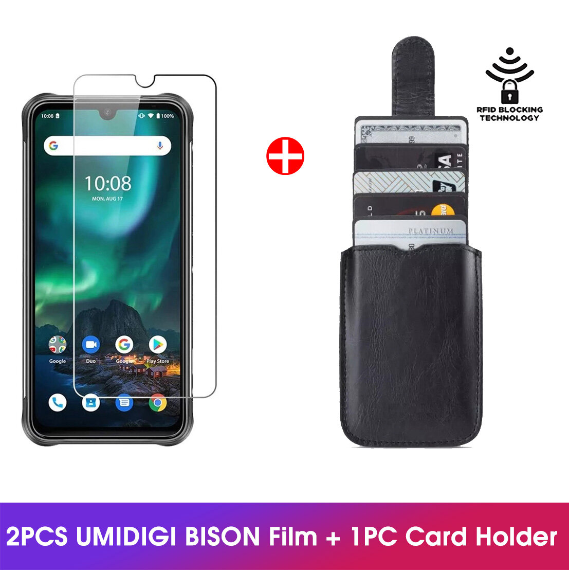 

2PCS for UMIDIGI BISON Global Bands Tempered Glass Screen Protector + 1PC Anti-Rfid Blocking with Multi-Card Slots Card